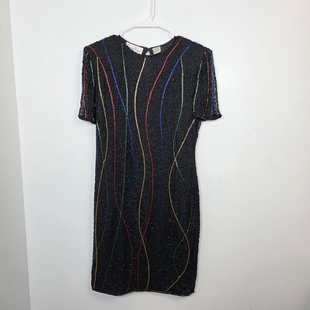 Laurence Kazar Black Beaded Sparkle 100%‎ Pure Silk Party Mini Dress Size Large